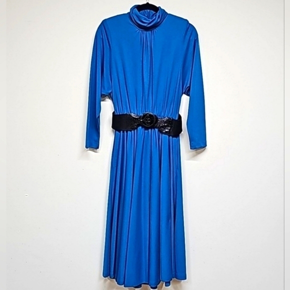 Vtg 80's Sabino Blue Belted Midi Dress, Knit, Ruched Mock Neck, Pockets, SZ 10, - Picture 1 of 13